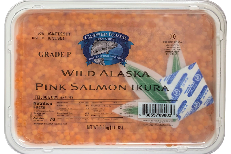 Packaged wild Alaska pink salmon ikura with Copper River Seafoods branding.