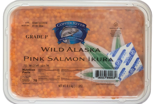 Packaged wild Alaska pink salmon ikura with Copper River Seafoods branding.